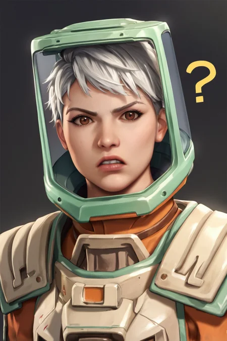 <lora:DaveersConcordXL:1:lbw=CHARALL> DaveersConcord, gloves, power armor, white hair, very short hair, (helmet, glass helmet), brown eyes,
looking at viewer, manly, cowboy shot, realistic, ((confused)), clenched teeth, frown, uneven eyes, :o,open mouth, what, close-up, ?, shrugging , w arms,raised eyebrow,, 1girl, solo,solo_focus,, (masterpiece),(best quality),extreamly delicate and beautiful,illustration,absurdres, high quality, anime style illustration,score_9, score_8_up, source_anime,score_9_up,