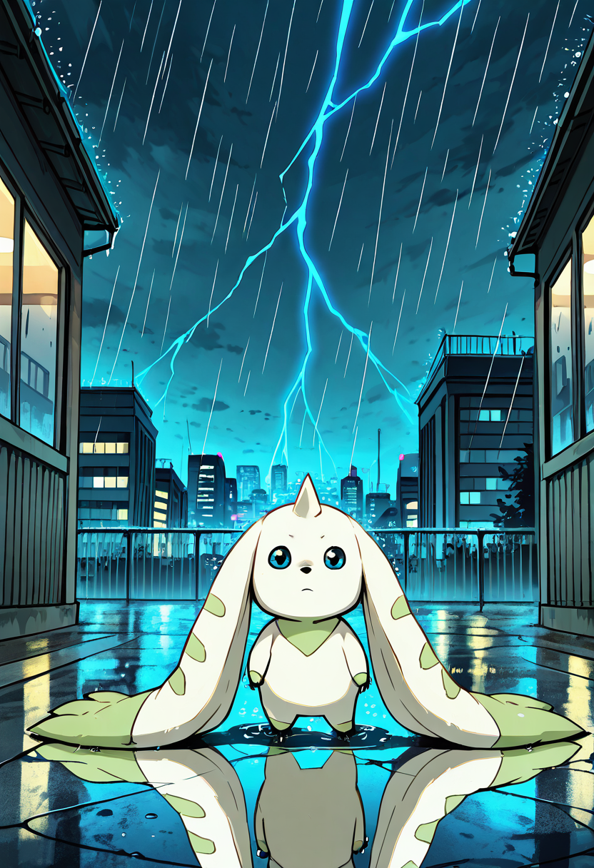 masterpiece, best quality, no humans,     zzTerriermon,   cityscape, rooftop, rain, stormy sky, glowing windows, wet fur, alone, night, introspective mood, reflective puddle Rain slicks the rooftop tiles as zzTerriermon gazes down at the glowing city. Reflections shimmer in puddles beneath him. Lightning cracks the sky behind his silhouette, but he doesnât flinch â lost in thought, watching a world that never seems to slow down.     ,<lora:TerriermonDigimon_IXL:1.0>,