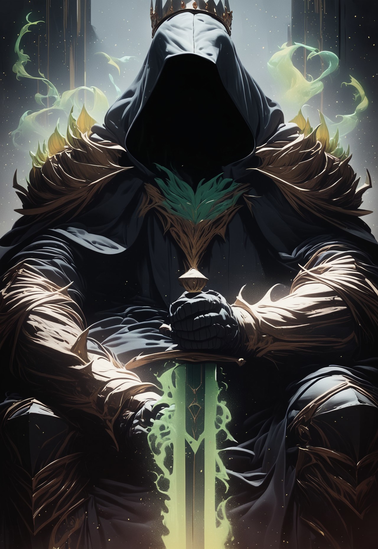 score_9, score_8_up, rating_safe, front view,
a king sitting on the throne, holding sword, hood, faceless, long hood, (wearing a crown), green flames surround him, mysterious, magic surround him, soul knight, darkness power, evil