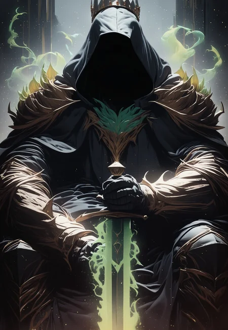 score_9, score_8_up, rating_safe, front view,
a king sitting on the throne, holding sword, hood, faceless, long hood, (wearing a crown), green flames surround him, mysterious, magic surround him, soul knight, darkness power, evil