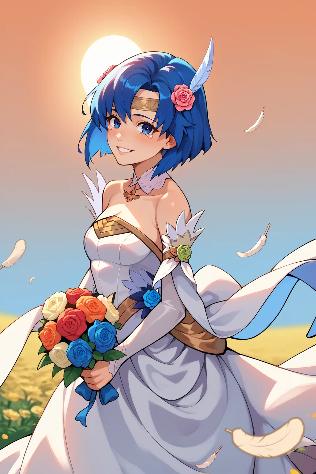 score_9, score_8_up, score_7_up, score_6_up, source_anime, 1girl, solo, <lora:fecatria-pdxl-nvwls-v1-000006:1> brdCtra, blue hair, medium hair, blue eyes, hair flower, red flower, feather hair ornament, white headband, detached collar, wedding dress, detached sleeves, strapless, holding bouquet, from side, looking at you, sunset, field, smile, tearing up, blush