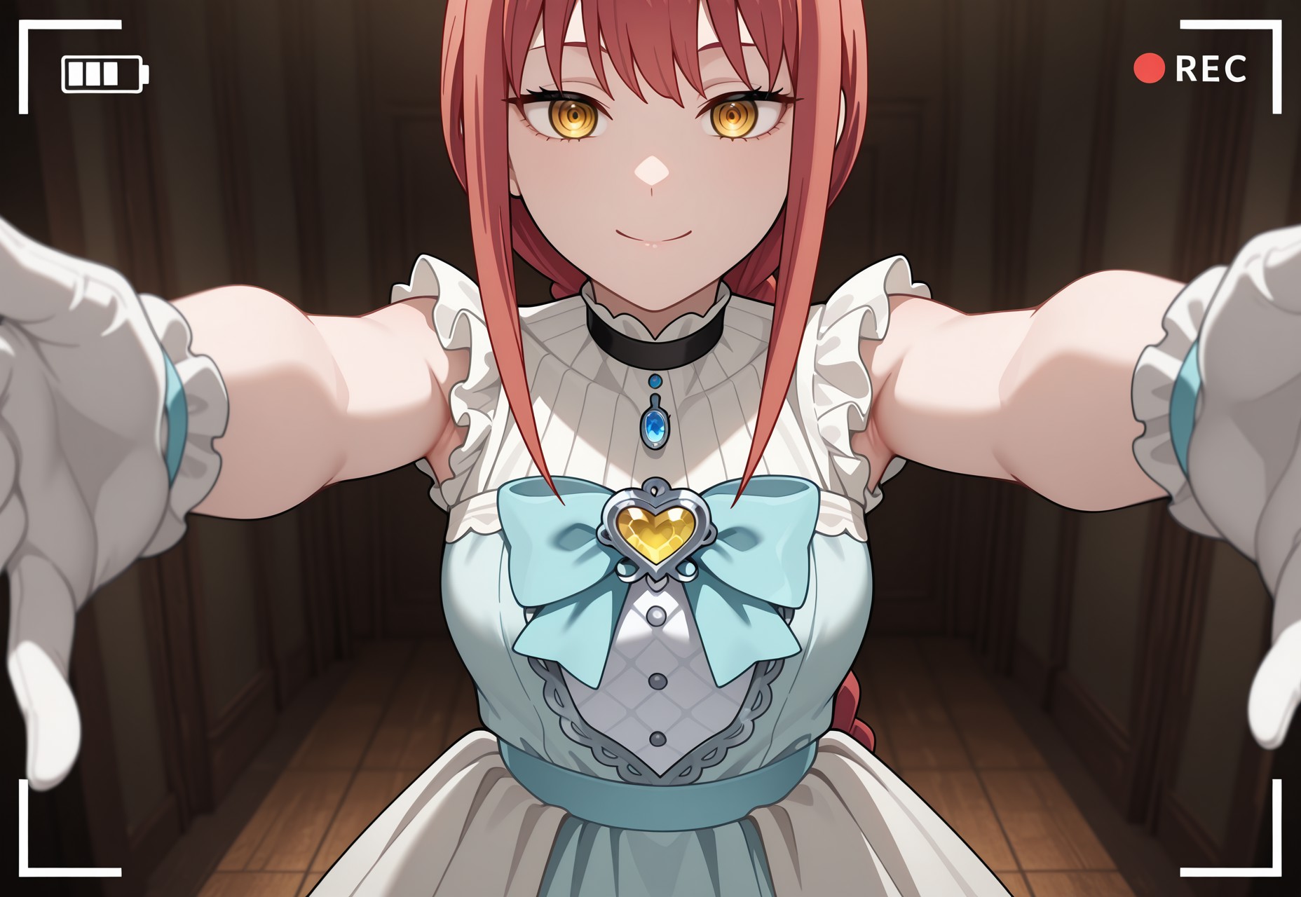 pale skin, soft_skin,shiny_skin, masterpiece,extremely detailed,best quality,amazing quality,newest,absurdres,highres, 1girl, adult, solo, Makima, ringed eyes,  red hair, braided ponytail, bangs, yellow eyes, sidelocks, medium hair, long hair, littlemycinderella, gloves,  white gloves, blue dress, bow, blue bow, bangs,  sleeveless, sleeveless dress, frills, light brown hair, heartbrooch,  smile, reaching forward,open_hands,  arms outstretched to the sides, hands reaching for viewer, (leaping toward camera, hands reaching for camera:1.0), looking at viewer, (breast focus, close up:1.0), BREAK cinematic shadows, dark atmosphere, high contrast shading, subtle ambient shadows, cinematic lighting, dramatic contrast between highlights and shadows,from below