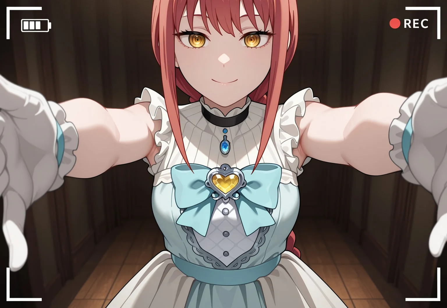 pale skin, soft_skin,shiny_skin, masterpiece,extremely detailed,best quality,amazing quality,newest,absurdres,highres, 1girl, adult, solo, Makima, ringed eyes, red hair, braided ponytail, bangs, yellow eyes, sidelocks, medium hair, long hair, littlemycinderella, gloves, white gloves, blue dress, bow, blue bow, bangs, sleeveless, sleeveless dress, frills, light brown hair, heartbrooch, smile, reaching forward,open_hands, arms outstretched to the sides, hands reaching for viewer, (leaping toward camera, hands reaching for camera:1.0), looking at viewer, (breast focus, close up:1.0), BREAK cinematic shadows, dark atmosphere, high contrast shading, subtle ambient shadows, cinematic lighting, dramatic contrast between highlights and shadows,from below