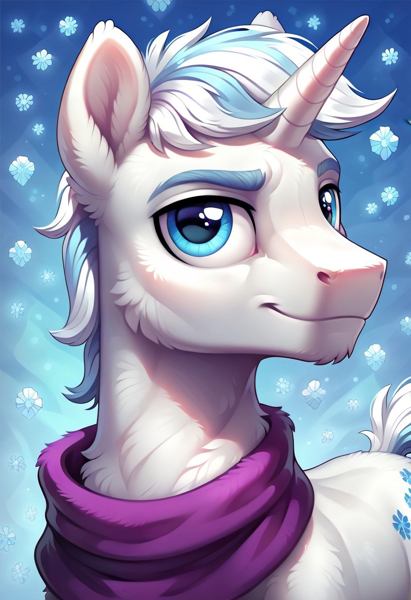 score_9, score_8_up, score_7_up, score_6_up, score_5_up, score_4_up, my little pony, ((feral pony)), ((double diamond)), 1MAN, ((solo)), (sexy), beautiful, detailed, (detailed handsome pony face), detailed blue eyes, ((detailed pure white fur:1.9)), muscular stallion:1.5, beautiful, vector, (beautiful feral unicorn pony), (beautiful white hair), (light blue crystal background:1.5), (looking at you), (calm expression), snowflakes, snowing, purple scarf