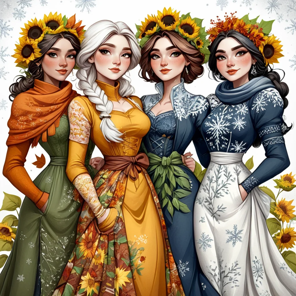 <lora:DnDBWIllustration:1> ArsMJStyle, DnDBWIllustration, four women representing the seasons, each dressed in richly detailed garments. They stand intertwined with the natural elements of their seasonsaspring blossoms, summer sunflowers, autumn leaves, and winter snowflakes.