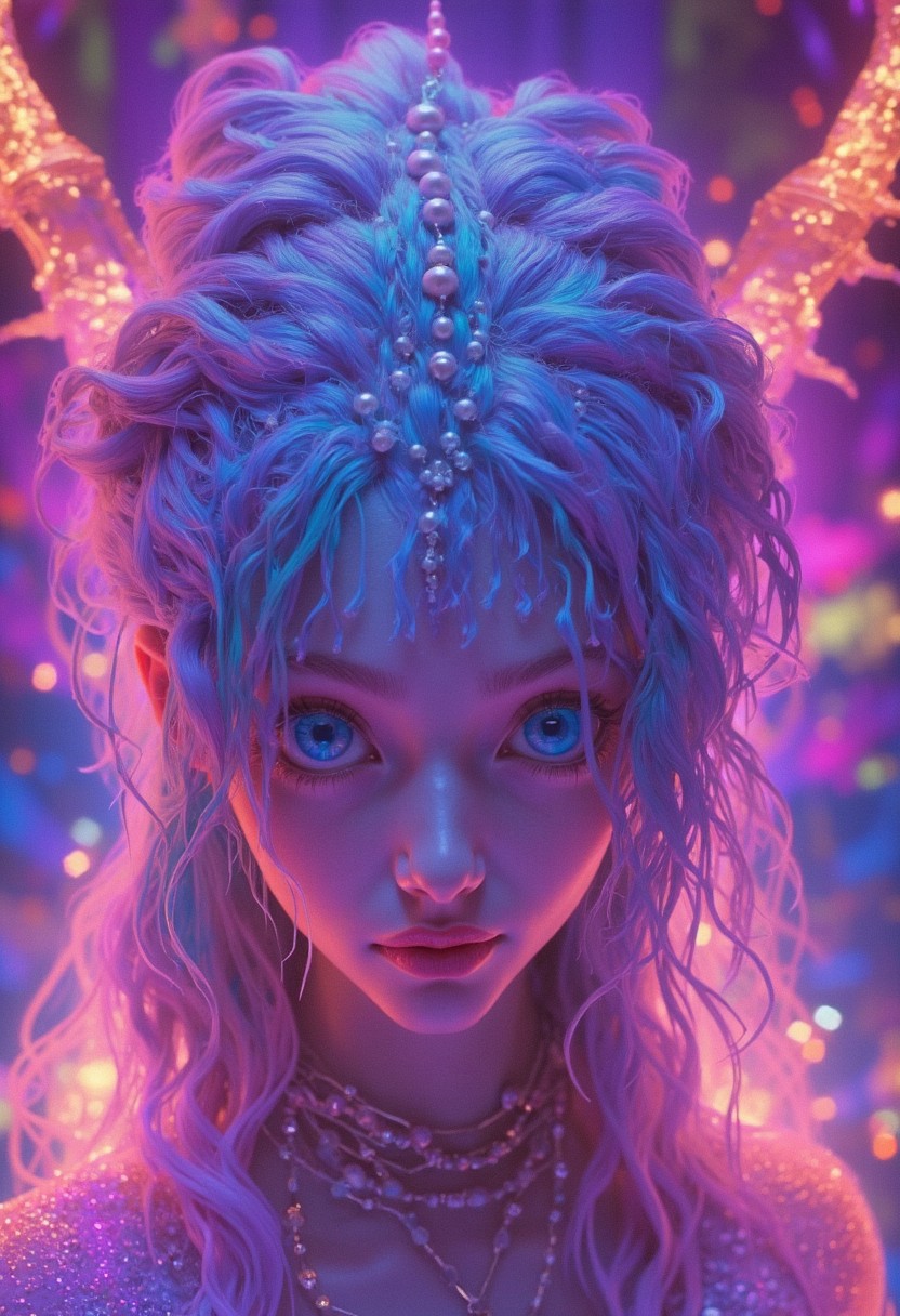 highly detailed, complex composition,  woman with pastel rainbow hair, large blue eyes, intricate hairstyle with pearls, glowing background, exaggerated background details, vibrant colors, intricate textures, dynamic lighting, whimsical and magical atmosphere