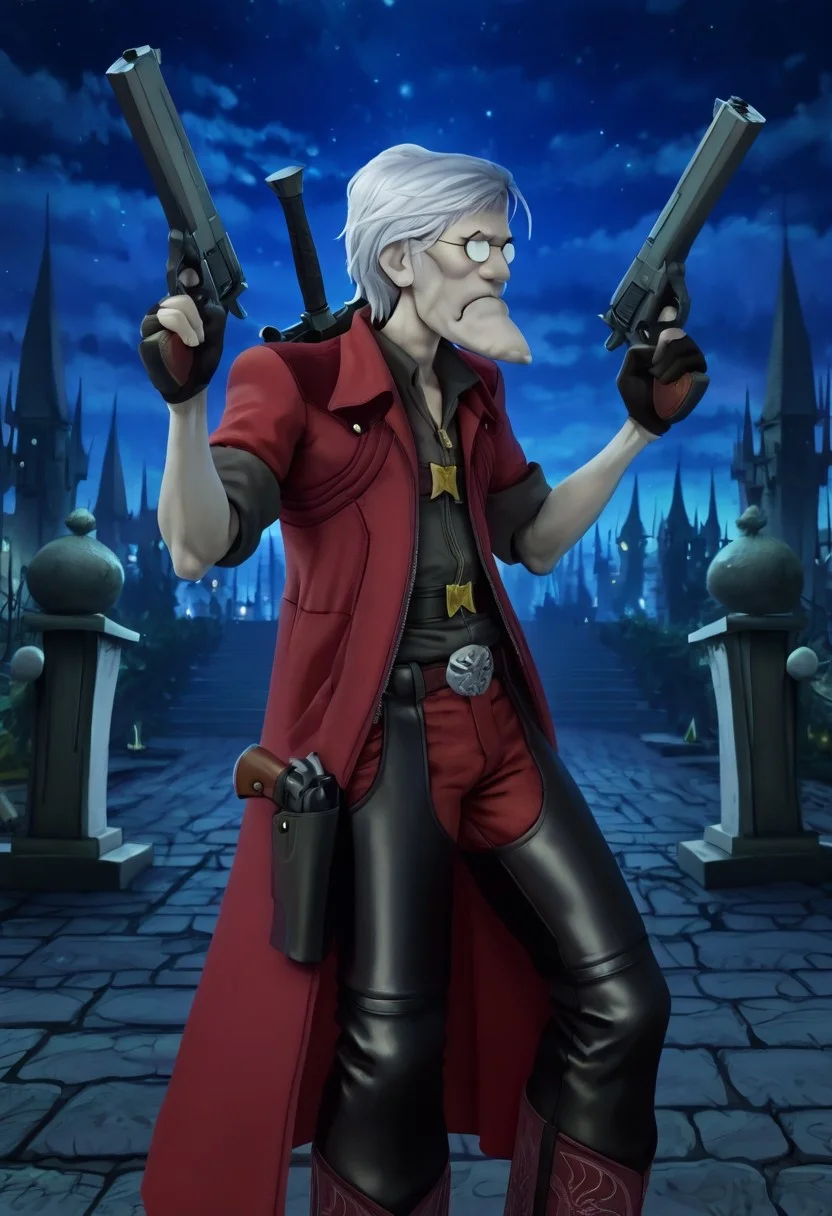 masterpiece, high quality, highest detail, semi-realistic, (solo:1.3), 1boy, Eustace, Bagge, glasses, grumpy expression, sharp chin, detailed face, medium white hair, open black collared shirt, open collar, zipper, chest belt, red coat, trench coat, sleeves rolled up, black gloves, partially fingerless gloves, buckle, black chaps, red pants, cowboy boots, dante, luminous effects, A3THER, two pistols, (holstered sword on back:1.3), devil_may_cry, negative_hand, da4e3, (dual pistols:1.3), detailed background, gothic citiscape background, grimdark, night, spires,
