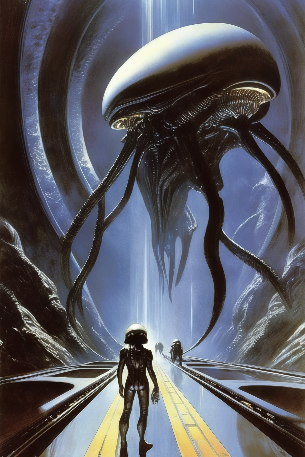 <lora:Stephan Martiniere Style:1>Stephan Martiniere Style - deep down the road, you'll find the world is made by xenomorphs, there is the mother of creation by syd mead and h. r. gigger