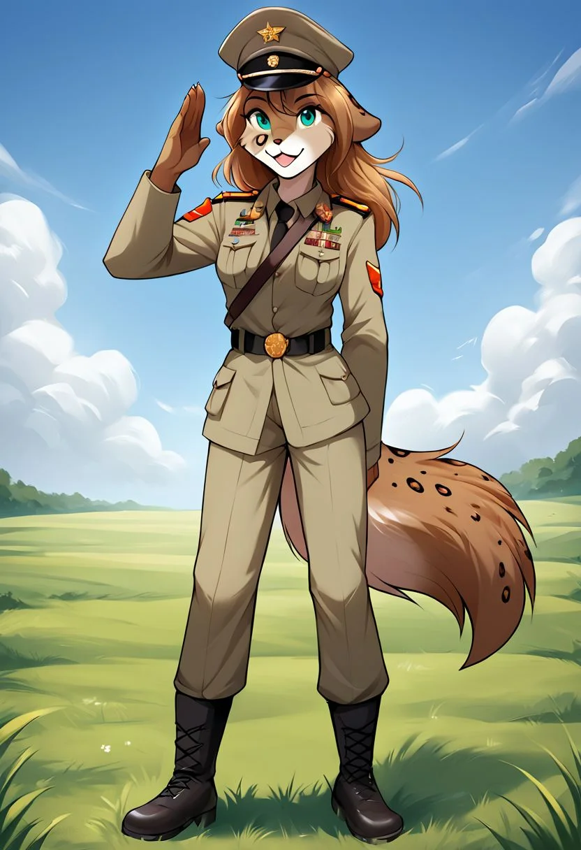 score_9, score_8_up, score_7_up, score_6_up, score_5_up, score_4_up, rating_explicit, source_furry, tkkathrin, keidran, mammal, spotted fur, teal eyes, anthro, 1girl, female, solo, solo focus, full body, standing on two legs, fluffy tail, long hair, medium breast, the army uniform of the Soviet Union, officer's cap of the Soviet Union, in the field, The salute gesture, cute expression, field, detailed background