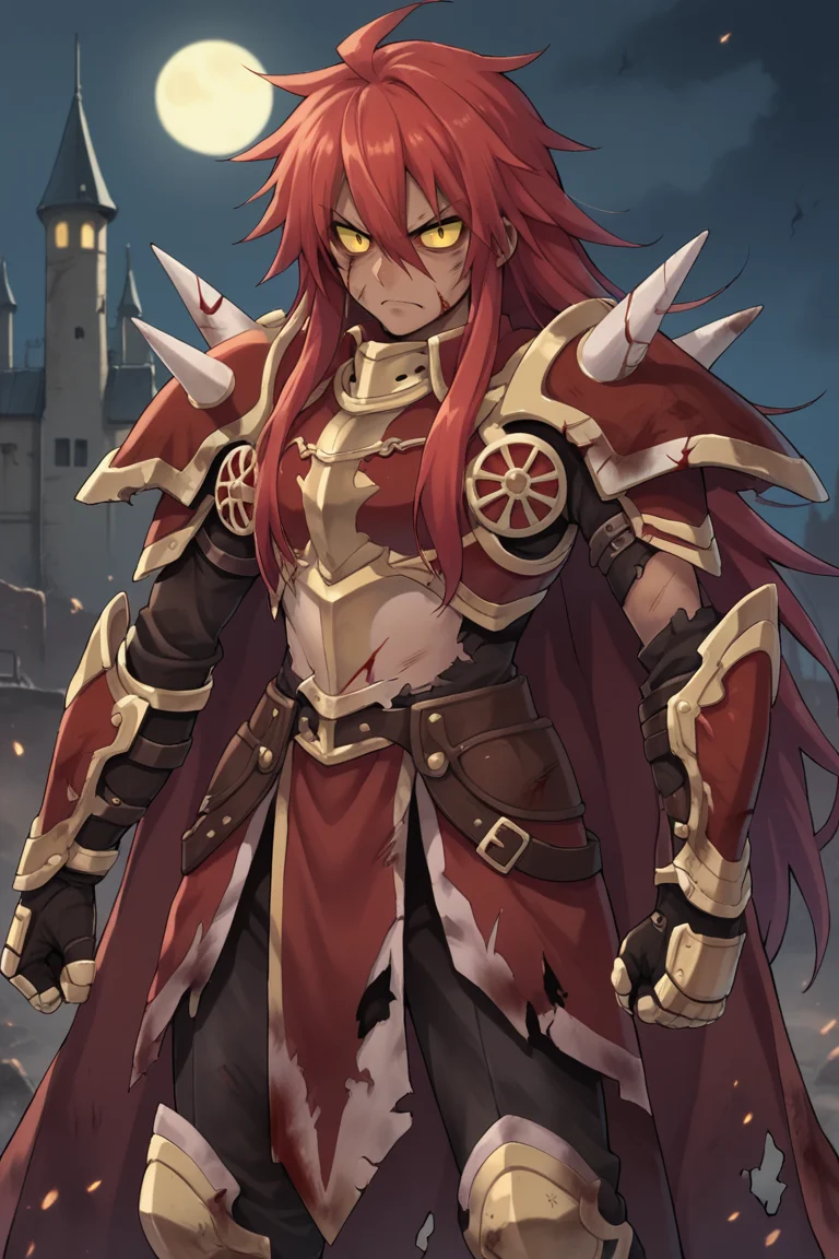 score_9, score_8_up, score_7_up, score_6_up, source_anime, BREAK, <lora:GulcasaPonyXL:0.8> , guldef, (Guldem), dark skin, dark-skinned male, (1boy), red hair, long hair, hair between eyes, (yellow sclera), yellow eyes, (armor), full armor, spikes, shoulder armor, shoulder spikes, cape, red cape, pauldrons, gauntlets, greaves, solo, cowboy shot, looking at viewer, serious expression, angry, clenched hand, raised fist, <lora:zy_Detailed_Backgrounds_v1:0.3> , detailed background, highly detailed, exterior, castle, fortress, night, battlefield, wasteland, cuts, bruises, damaged, torn clothes, blood, <lora:Concept Art Eclipse Style LoRA_Pony XL v6:0.35> ,