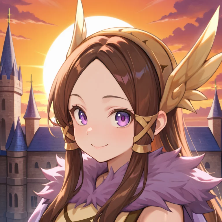 <lora:ValkyrieYggdraIL:0.95> , valkdef, 1girl, purple eyes, brown hair, long hair, winged hairband, fur cloak, yellow tunic, ((face, close-up, portrait)), exterior, sun, castle, ramparts, looking at viewer, smile, masterpiece, very aesthetic, absurdres, best quality, amazing quality, high resolution, newest, very awa, <lora:illustrious_quality_modifiers_masterpieces_v1:0.8> , <lora:ChamIllustriousBackgroundEnhancer:0.5>, solo,