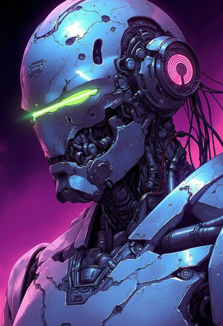 detailed cyberpunk anime image, masterpiece, closeup view of a high-end battle robot, mirrored sliver armor, reflective faceplate, glowing circuitry, robot joints and cables, masterpiece, perfect composition, vivid neon colour gradient