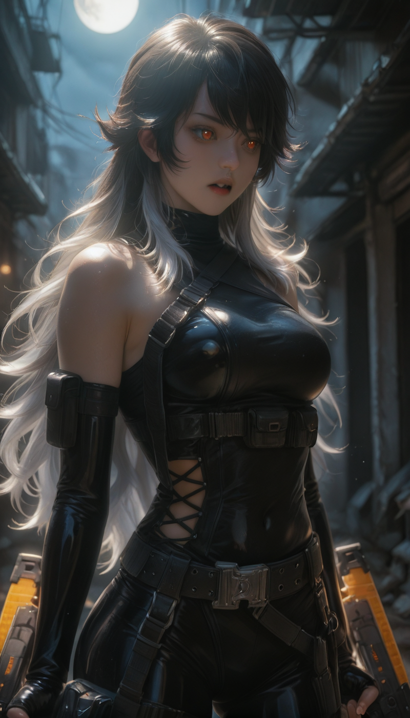 <lora:LCMTurboMix_Euler_A_fix:1> <lora:example_SDXL:0.3>, EZRealPONYXL, <lora:Dramatic Lighting Slider:3><lora:realistic filter [IL]:1>
DSLR,realistic,cosplay photo, (very awa,masterpiece,best quality,year 2024,newest,absurdres,highres:1), realistic,skin texture,facial features, photography shot with Canon EOS 5D Mark IV , realistic, RAW, best quality, masterpiece, amazing quality, skin details,
1girl, highly detailed beautiful face, large natural breasts,
detailed background, shiny skin, dutch angle, night, moonlight,
beautiful detailed eyes, intricate details, absurdres, anime screencap,
<lora:K_NIKKE_ILXL_kill0825:1>
Nikke_K, 1girl, solo, long hair, breasts, open mouth, shirt, large breasts, black hair, gloves, red eyes, holding, bare shoulders, very long hair, medium breasts, upper body, white hair, grey hair, weapon, multicolored hair, sidelocks, teeth, detached sleeves, sleeveless, black gloves, belt, elbow gloves, fingerless gloves, holding weapon, two-tone hair, black shirt, looking to the side, v-shaped eyebrows, orange eyes, gun, sleeveless shirt, gradient hair, swept bangs, bodysuit, fangs, holding gun, colored inner hair, pouch, dual wielding, zoom layer, colored tips, belt pouch, trigger discipline, submachine gun, leotard, black leotard