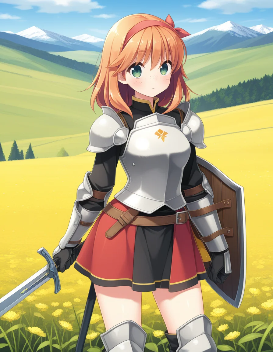 (cub3s0ft), <lora:1_illu_cubesoft_15e:1>, 1girl, armor, sword and shield, skirt, freckles, orange hair, medium hair, green eyes, field, mountains, (masterpiece, best quality, amazing quality),