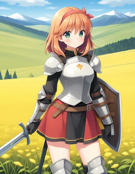 (cub3s0ft), <lora:1_illu_cubesoft_15e:1>, 1girl, armor, sword and shield, skirt, freckles, orange hair, medium hair, green eyes, field, mountains, (masterpiece, best quality, amazing quality),