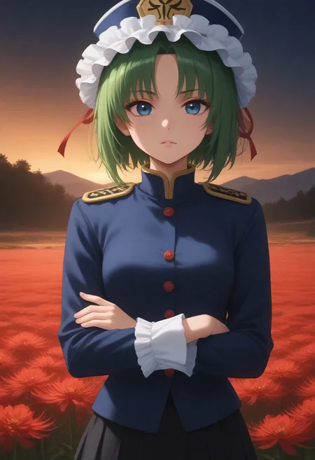 1girl, solo, solo focus, highres, absurdres, shikieiki, green hair, frilled hat, blue eyes, blue headwear, short hair,
long sleeves, black skirt, white shirt, blue vest, red ribbon, epaulettes, small breasts, arm ribbon, buttons,
looking at viewer, crossed arms, head tilt, 
red spider lily, flower field, night, night sky, red sky, backlighting,