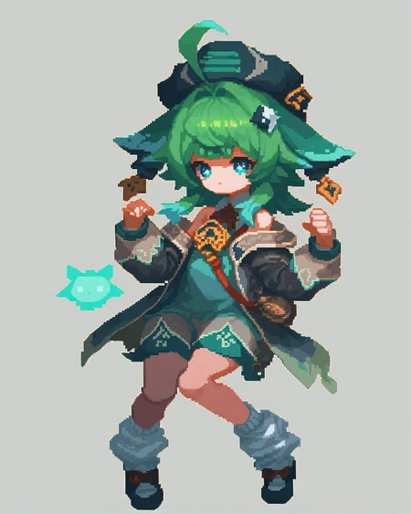 <lora:pixel:1>, pixel art, simple background,, (score_9,score_8_up,score_7_up),1girl,solo, <lora:huohuo:1>, hat, animal ear, green hair, green eyes, blue eyes, hair ornaments, hat ornament, paw-shaped pupils, socks, ahoge, loose socks, shoes, off shoulder, long sleeves,