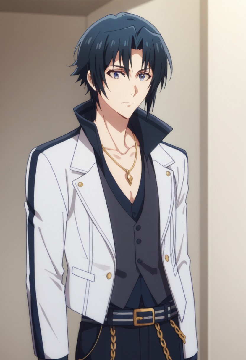 score_9, score_8_up, score_7_up, source_anime, highly detailed, 
iorizumi, 1boy, male focus, black hair, jacket, jewelry, necklace, upper body, pants, belt, idol uniform,