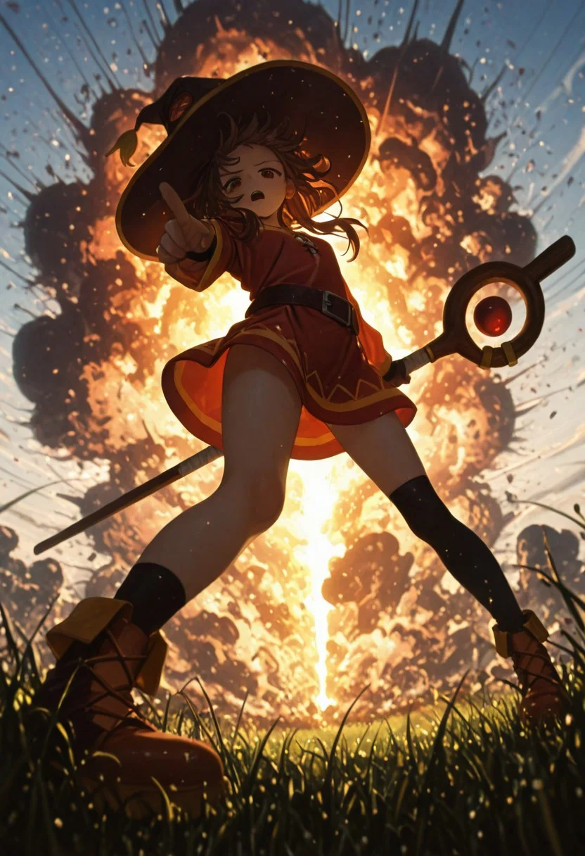 artist:Konya Karasue, masterpiece,amazing quality, 1girl, megumin, brown hair, windy, witch hat, holding staff, staff pointed towards viewer, blurry forground, full body, outdoors, grassfield, from below, standing, looking down, explosion in background, dramatic pose,
artist:moriimee, perspective,