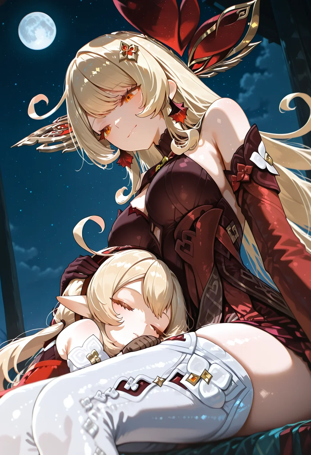 masterpiece,
night,full moon,starry sky,
2girls,lap pillow,genshin impact,a12oias,<lora:Aosai123_Style:0.5>,xmcstyle,<lora:XMC_IL:0.5>,<lyco:CADENZA:0.7>,
Alice \(Genshin Impact\),red eyes,orange eyes,light blonde hair,
bare shoulders,detached sleeves,red dress,white thighhighs,long sleeves,gloves,thigh boots,dress,boots,white thighhighs,smile,<lora:Alice v0.9_illustrious:1>,
BREAK
klee \(genshin impact\),sleeping,