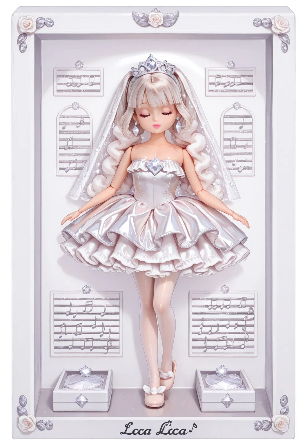 (fullbody, front facing, facing viewer) ((Licca-chan : 1.2)), moe, kawaii, cute, doll, doll joints, detailed lips, makeup, fashion, (((doll clothes))) (shiny clothes), ballerina, white tutu, strapless, sleeveless, white petticoat, ((white ruffles, white frills : 1.2)), white crystal princess tiara, white glittery sparkly veil, white oversized plastic diamond earrings, white pantyhose, white (shiny satin slippers), ((white glittery diamond oversized music box, music notes, quarter note, beamed note)), (white theme, white roses, doll box, stationary : 1.2), text, english text, (white border frame)