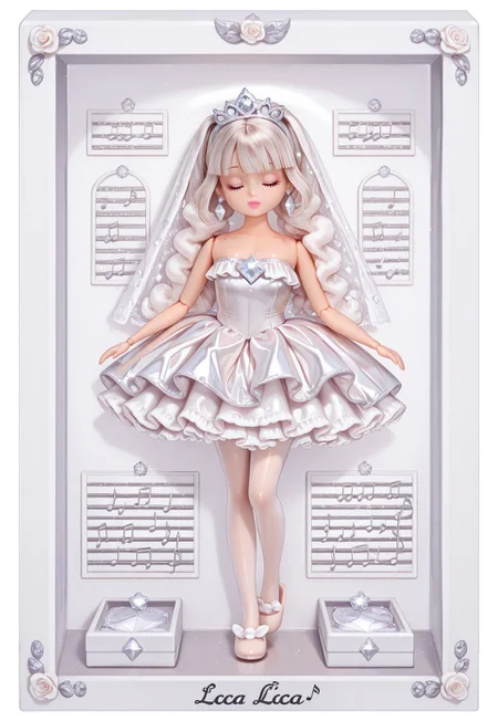 (fullbody, front facing, facing viewer) ((Licca-chan : 1.2)), moe, kawaii, cute, doll, doll joints, detailed lips, makeup, fashion, (((doll clothes))) (shiny clothes), ballerina, white tutu, strapless, sleeveless, white petticoat, ((white ruffles, white frills : 1.2)), white crystal princess tiara, white glittery sparkly veil, white oversized plastic diamond earrings, white pantyhose, white (shiny satin slippers), ((white glittery diamond oversized music box, music notes, quarter note, beamed note)), (white theme, white roses, doll box, stationary : 1.2), text, english text, (white border frame)