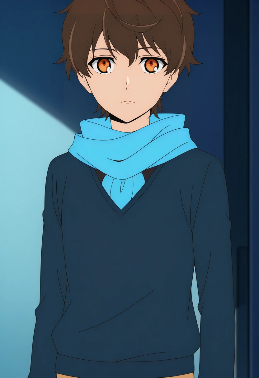 masterpiece, best quality, anime screencap, official style, anime coloring, cowboy shot, 1boy, solo, male focus, <lora:twenty-fifth_bam_ilxl:0.9>, twenty-fifth_bam, brown hair, orange eyes, short hair, , scarf,