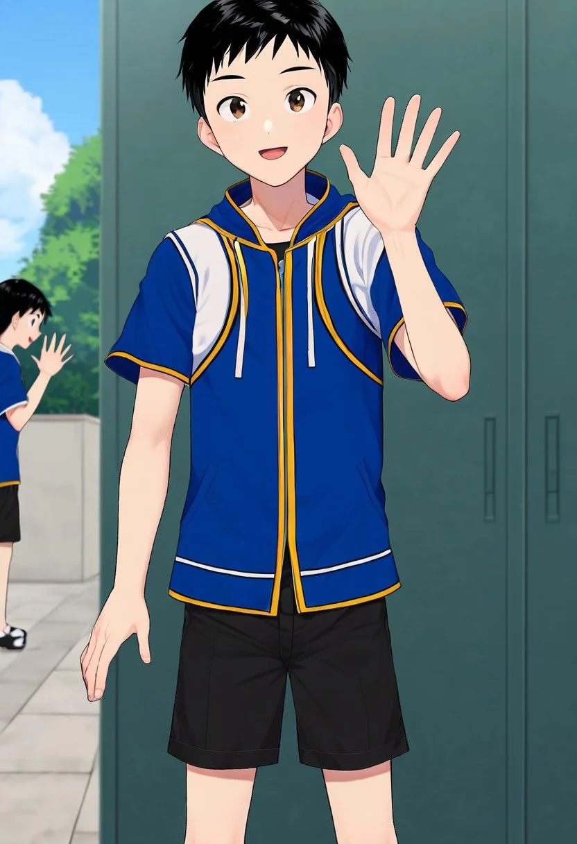 harmard, black hair, short hair, brown eyes, 1boy, solo, solo focus, wear open clothes, short sleeve, blue clothes, half clothes, wear black shorts, outdoor setting, waving hand gesture