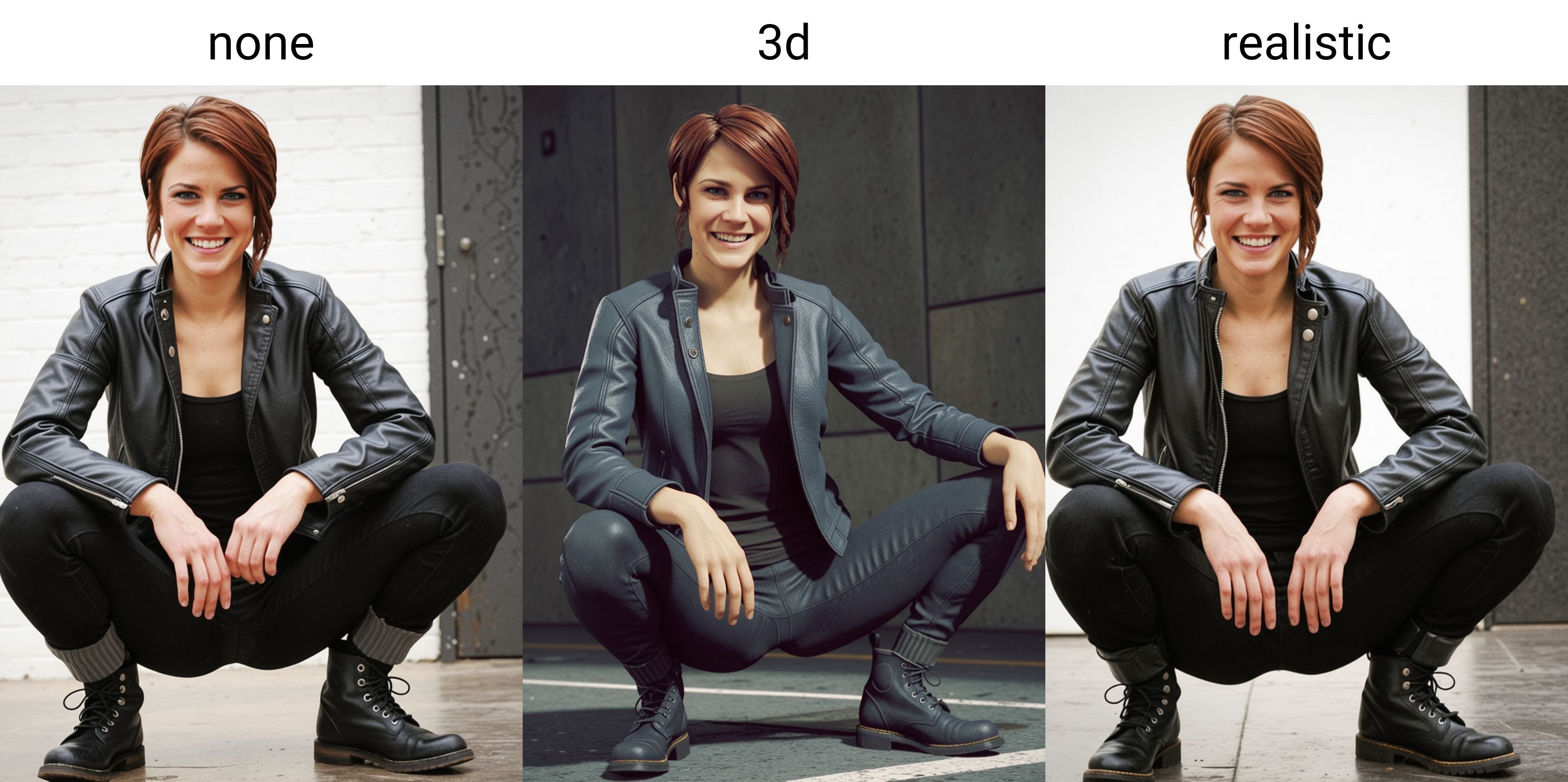 <lora:dmd2_sdxl_4step_lora_fp16:1>solo,solo focus,none
a woman,faced to viewer,smile,
<lora:Jasse_Faden_v6_biglust:1>woman,jasfdn face,(jas hair:1.2),jacket,(pants,boots,:1.1),
squatting