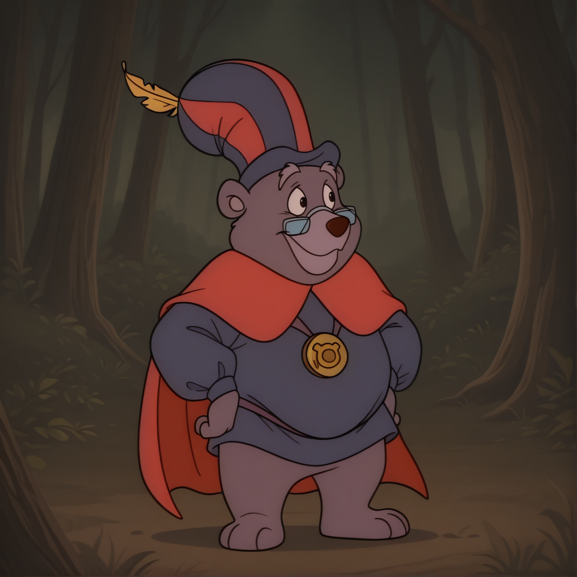 zummigummixl, cartoon, toony, retro, anthro, solo, bear, full body, standing, looking aside, smile, glasses, pince-nez, blue tunic, red cape, hat with feather, gold medallion, sash, outside, forest, newest, masterpiece