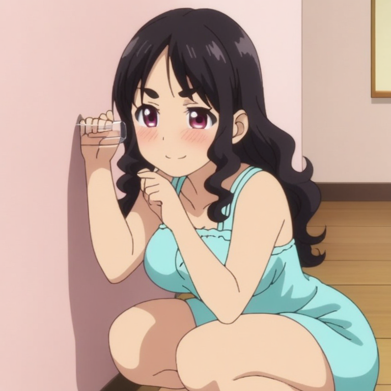 anime, best quality, (masterpiece:1.4), (high quality:1.4), sharp focus, 4k, absurd resolution, detailed hands, curly hair, long hair, black hair, 1girl, mature female, smug, (parted hair:1.4), (round face), (no bangs), <lora:ETO_OC_XL:0.7>, looking at viewer, hazel eyes, (thick eyebrows:0.9), sundress, skindentation, anime screencap, smile,
 <lora:_sdxl-nusumigikli:0.5> nusumigiki, Stick to the wall, eavesdrop, Listen to the wall, Put a glass to one's ear and listen to the wall, embarrassed, blush, squatting,
