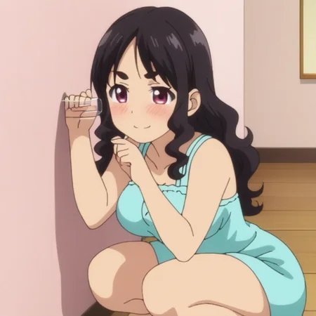 anime, best quality, (masterpiece:1.4), (high quality:1.4), sharp focus, 4k, absurd resolution, detailed hands, curly hair, long hair, black hair, 1girl, mature female, smug, (parted hair:1.4), (round face), (no bangs), <lora:ETO_OC_XL:0.7>, looking at viewer, hazel eyes, (thick eyebrows:0.9), sundress, skindentation, anime screencap, smile,
 <lora:_sdxl-nusumigikli:0.5> nusumigiki, Stick to the wall, eavesdrop, Listen to the wall, Put a glass to one's ear and listen to the wall, embarrassed, blush, squatting,