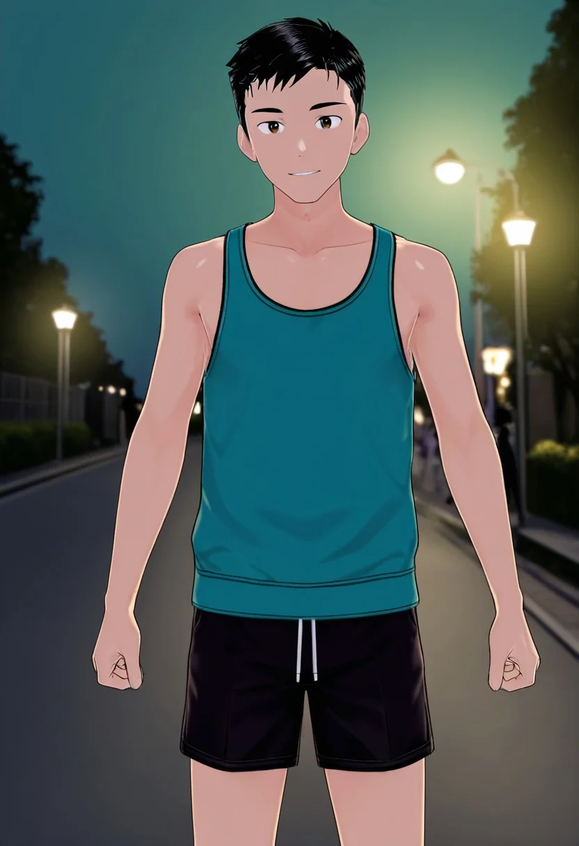 harmard, black hair, short hair, brown eyes, 1boy, solo, solo focus, turquoise color tank top, black shorts, young man, youthful, outdoor, at night day, small body