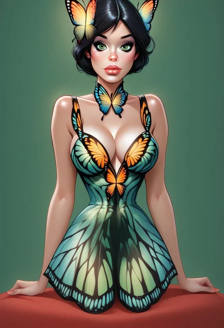 score_9,score_8_up,score_7_up,score_6_up,score_5_up,score_4_up, easynegative, negative_hand, dystlye, 1girl, (((1girl, busty, seated pose, butterfly dress: 1.35))), straight bob black hair, super plump lips, cute face, really big round breasts, easynegative, negative_hand, faded green eyes, sexy sitting pose, looking at viewer, solo, (((butterfly dress: 1.34))), (((christmas background))) (((christmas background)))