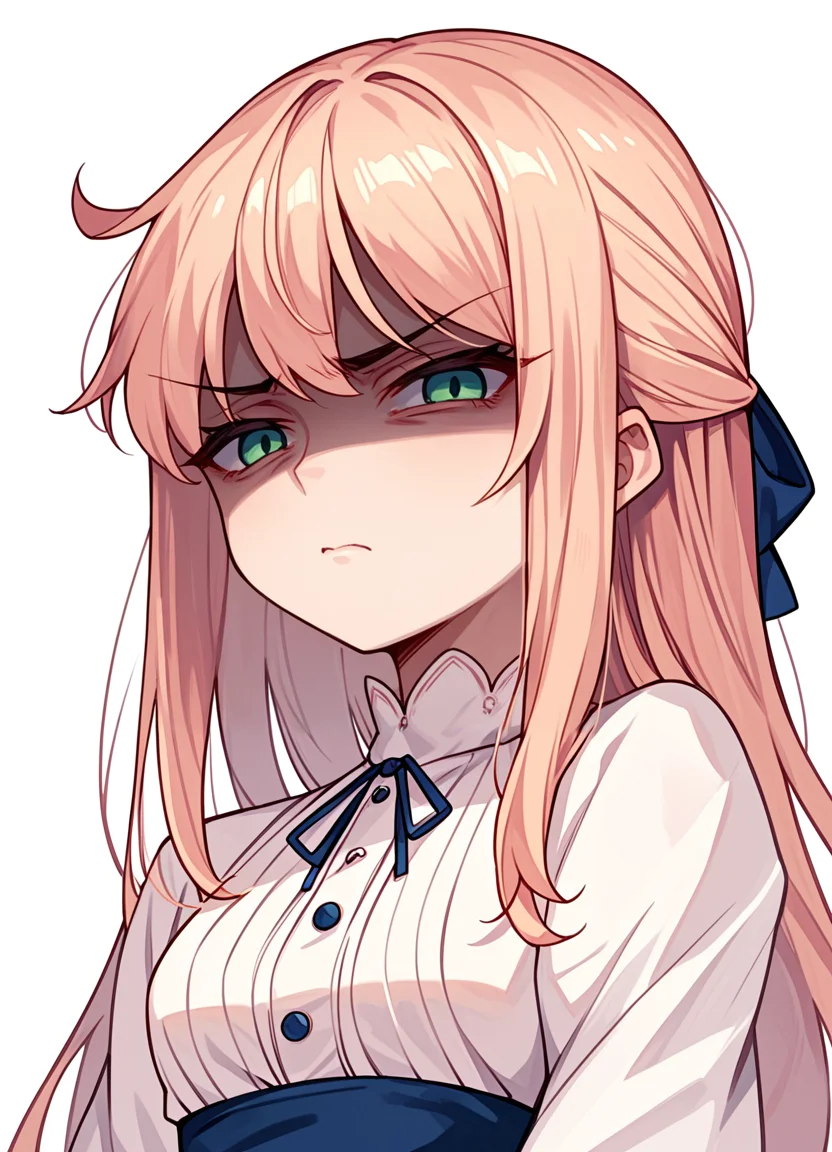 score_9,score_8_up,score_7_up,score_6_up, source_anime, <lora:disgusted_face_xl_goofy:1> disgusted face, solo, 1girl, looking at viewer, disgust, dress, upper body, white background , long hair, hair pulled back,shaded face,