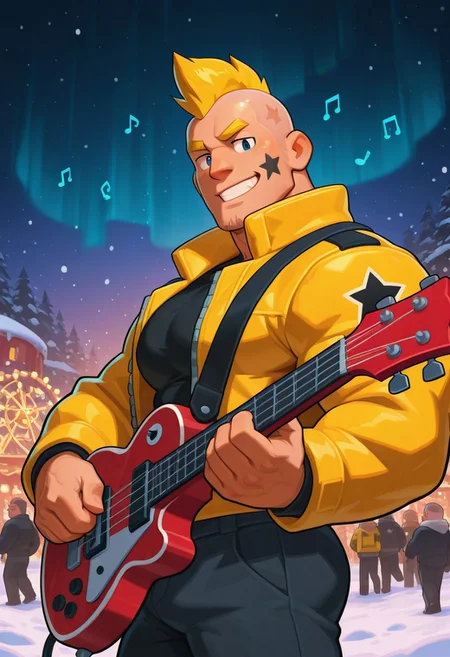 mbtiesfp, 1boy, blonde, short hair, black star on face,, yellow jacket, black shirt, looking at viewer, smirk, grin, happy, brawlStars, in the amusement park, pants, portrait, half body, upper body, blue eyes, shaved mohawk, source_cartoon, vector art, 2d, bara, manly, muscular, 3/4 view, night sky, aurora in the sky, snow, playing guitar, {{holding red electric guitar}}, in the concert, ((floating colorful muscial notes)), snowstorm, Side View, Pec focus, left view, warm lighting, with people walking background, {{colorful glowing musical notes}}, yellow eyebrows, yellow chin hair, facial hair