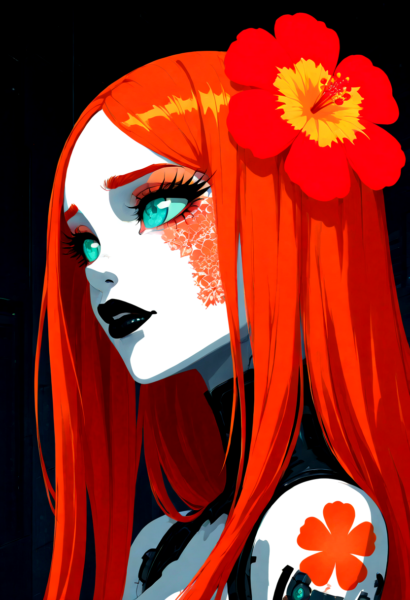 A digital artwork in the style of cknc, extreme close-up Portrait of a beautiful, stunning unique cyborg girl. She has large turquoise eyes filled with joy and excitement, extravagant eyelashes, She has neon orange hair cascading down her shoulders, contrasting sharply with her black lipstick. making this image a masterpiece art style is highly detailed, in the vein of futurist anime, capturing the beauty of the cyborg girl. 32k UHD, expressive eyes, cyberpunk, graphic design, orange hibiscus tattoo, girl's face, side view, pretty and cute, gleaming lips, white skin, telling a tale of adventure. Exuding confidence and serenity. Vibrant tattoos adorn her sun-kissed skin