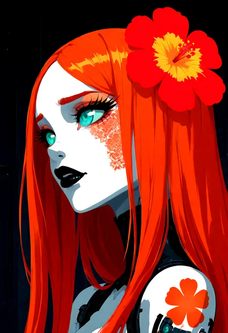 A digital artwork in the style of cknc, extreme close-up Portrait of a beautiful, stunning unique cyborg girl. She has large turquoise eyes filled with joy and excitement, extravagant eyelashes, She has neon orange hair cascading down her shoulders, contrasting sharply with her black lipstick. making this image a masterpiece art style is highly detailed, in the vein of futurist anime, capturing the beauty of the cyborg girl. 32k UHD, expressive eyes, cyberpunk, graphic design, orange hibiscus tattoo, girl's face, side view, pretty and cute, gleaming lips, white skin, telling a tale of adventure. Exuding confidence and serenity. Vibrant tattoos adorn her sun-kissed skin