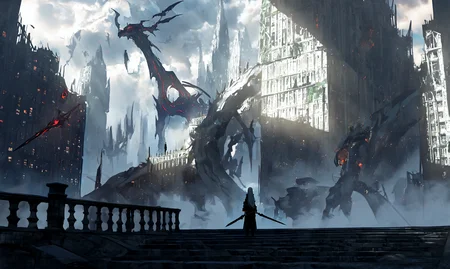 scenery, stairs, dragon, building, ruins, fog, cloud, cloudy sky, monster, city, outdoors, light rays, white hair, solo, sky, fantasy, weapon, sunlight, wide shot, standing, cityscape, railing, glowing, bridge, sunbeam, <lora:asteroid_ill:0.6>, asteroid_ill, masterpiece, highres, best quality, year 2024