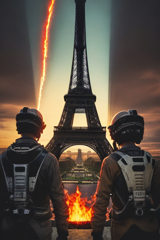 A photo of a futuristic setting, aliens, war, one Tour Eiffel, fire