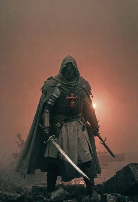 dark n-eeyblch, Create a vivid description of a close-up photo capturing the essence of tentacles from the 1860s, a desolate Templar knightess amidst ruins, holding a sword, adorned in weathered, rusty armor and draped with a tattered white linen cape embellished with a bold red Templar cross. Let the scene evoke the passage of time, the weight of history, and the resilience of the warrior spirit. atmospheric haze, Film grain, cinematic film still, highly detailed, high budget, cinemascope, moody, epic, OverallDetail, gorgeous, 2000s vintage RAW photo, photorealistic, candid camera, color graded cinematic, eye catchlights, atmospheric lighting, skin pores, imperfections, natural, shallow dof