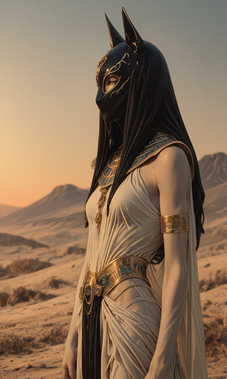 a woman in an elaborate, ancient Egyptian-inspired costume with a black mask, gold accents, and flowing fabric, set against a desert landscape at sunset. <lora:- iLL - assorted_batch1_V1.0-step00005000:.7>, <lora:HyperdetailedColoredPencilIl:0.9>  <lora:- SDXL - covered_in_stuff_V1.0:0.8> <lora:- SDXL - vanta-black_contrast_V3.0:0.8> <lora:- iLL - master_of_slob_omnom_V1.0-step00036000:.4>