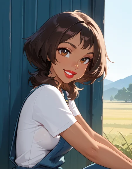 masterpiece, best quality, amazing quality, very aesthetic, absurdres, newest, detailed background, 4k, 8k, outdoors, beautiful eyes, hyperdetailed,sitting, from side,
audreyxd, 1girl, solo, red lips, lipstick, dark-skinned female, medium hair, lips, brown eyes, shirt, short sleeves, overall, , medium breasts, looking at viewer, grin, blushed,
<lora:Audrey_Ramirez_-_Disney_Illustrious:1>