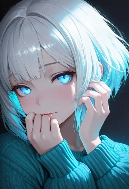 masterpiece,best quality,amazing quality, anime,
1girl, solo, A close-up of a serene anime girl with pale skin, glossy white hair with bangs, glowing blue eyes with a hypnotic effect, soft warm lighting, wearing a light-colored knitted sweater, mysterious and cozy atmosphere, detailed hair texture, cinematic lighting, dark background, ultra-detailed, 8k resolution