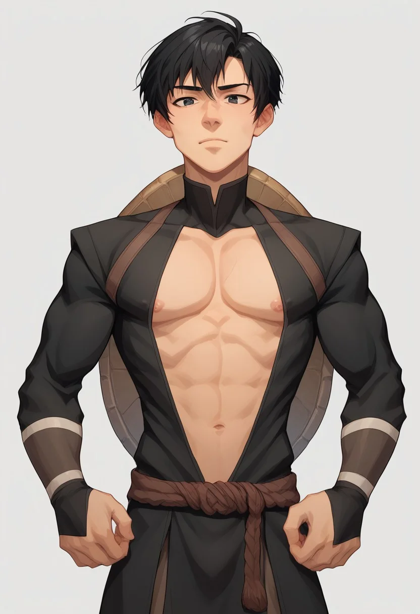 score_9, score_8_up, score_7_up, 8k, best quality, charturnerv2, sz4d3k, 1boy, even skin tone, cell shaded, male focus, indirect lighting, detailed face, detailed eyes, detailed, Expressiveh, adult male, Genbu, black hair, short hair, black eyes, black robes, tight clothes, bara male, pectorals, large chest, face focus, head shots, Green crystal turtle shell, stern expression, standing, solo, alone,