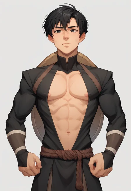 score_9, score_8_up, score_7_up, 8k, best quality, charturnerv2, sz4d3k, 1boy, even skin tone, cell shaded, male focus, indirect lighting, detailed face, detailed eyes, detailed, Expressiveh, adult male, Genbu, black hair, short hair, black eyes, black robes, tight clothes, bara male, pectorals, large chest, face focus, head shots, Green crystal turtle shell, stern expression, standing, solo, alone,