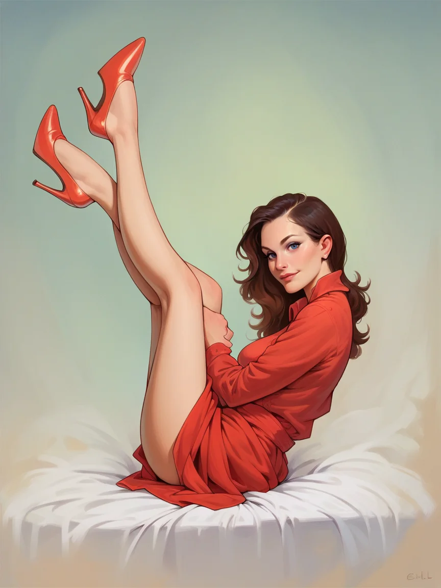 score_9, score_8_up, score_7_up, score_6_up, 1girl, high heels, legs up, looking at viewer, sitting, from side, pinup,  <lora:c4rll4rXLP:1> c4rll4r