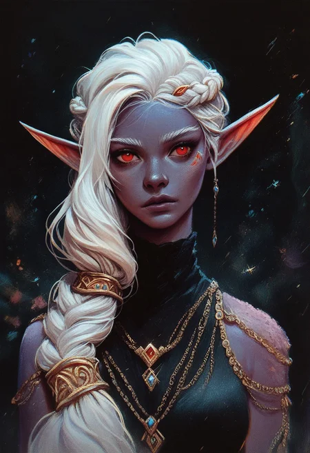 score_9, score_8_up, score_7_up, score_6_up, ncpy13 style, pastels drawing, dark elf woman, purple skin, red eyes, elf ears, white hair in a long braid over one shoulder, wearing a long black dress with gold and purple embroidery