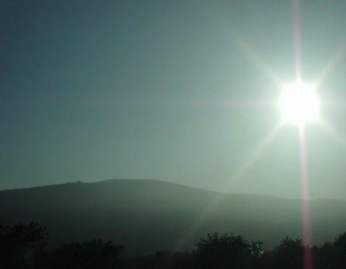 m8vic2, Hazy landscape, rolling hills in the background, silhouettes of sparse trees, bright sun on the right, intense sunlight creating lens flare, misty atmosphere, greenish blue color cast, outdoor natural setting, daytime, overexposed lighting, sun rays visible in sky., 