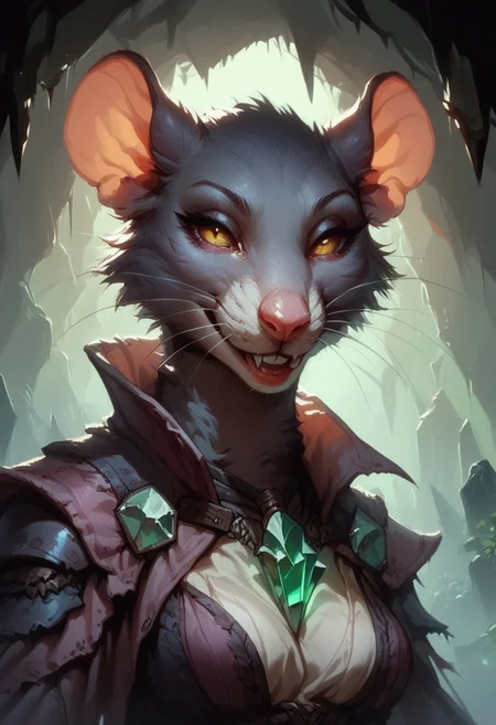 score_9, score_8_up, score_7_up,
Skaven, skaven female, upper body, portrait, close view, smiling, looking at viewer, seductive look,
cave background, green crystals in cave, dim lighting